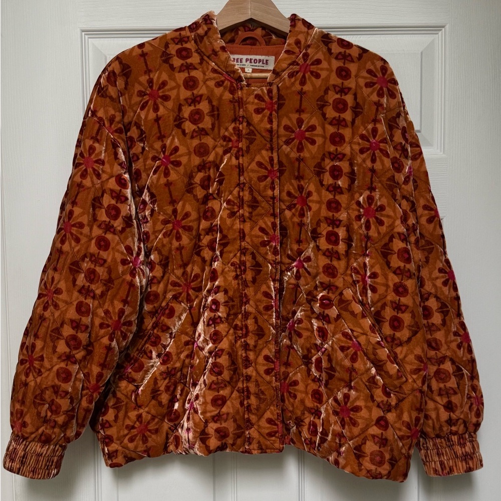 Free People Quilted Velvet Floral Puffer Jacket - Rust & Burgundy